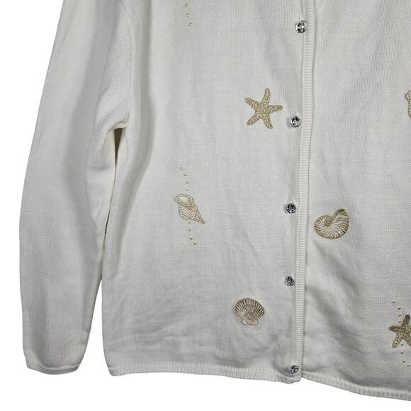 Tia Designs Sweater Women 2XL Cardigan Beaded Seashell Starfish Made USA Vintage - Picture 6 of 13